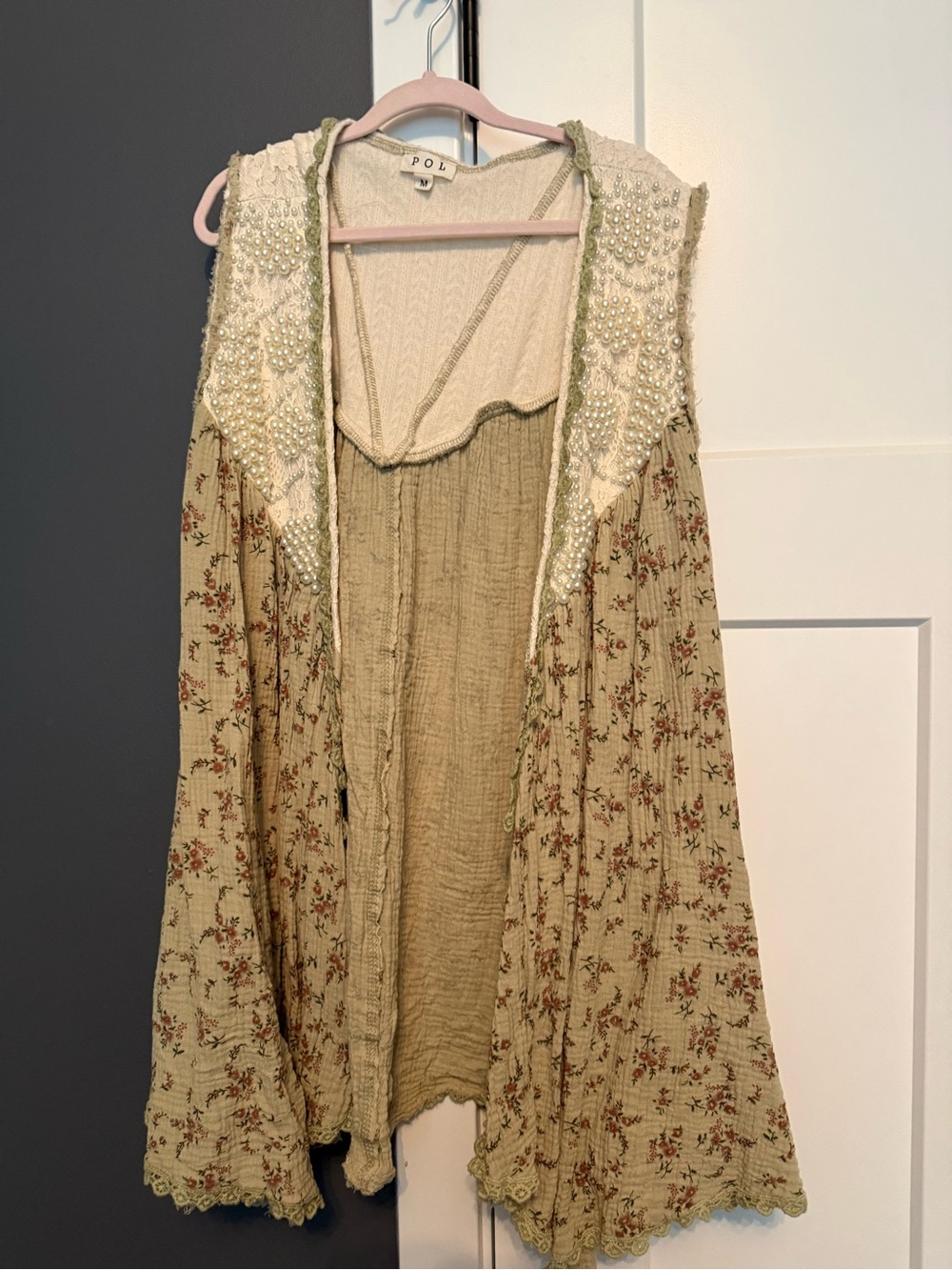 POL Beige Floral Boho Lace Vest with Pearl Trim
